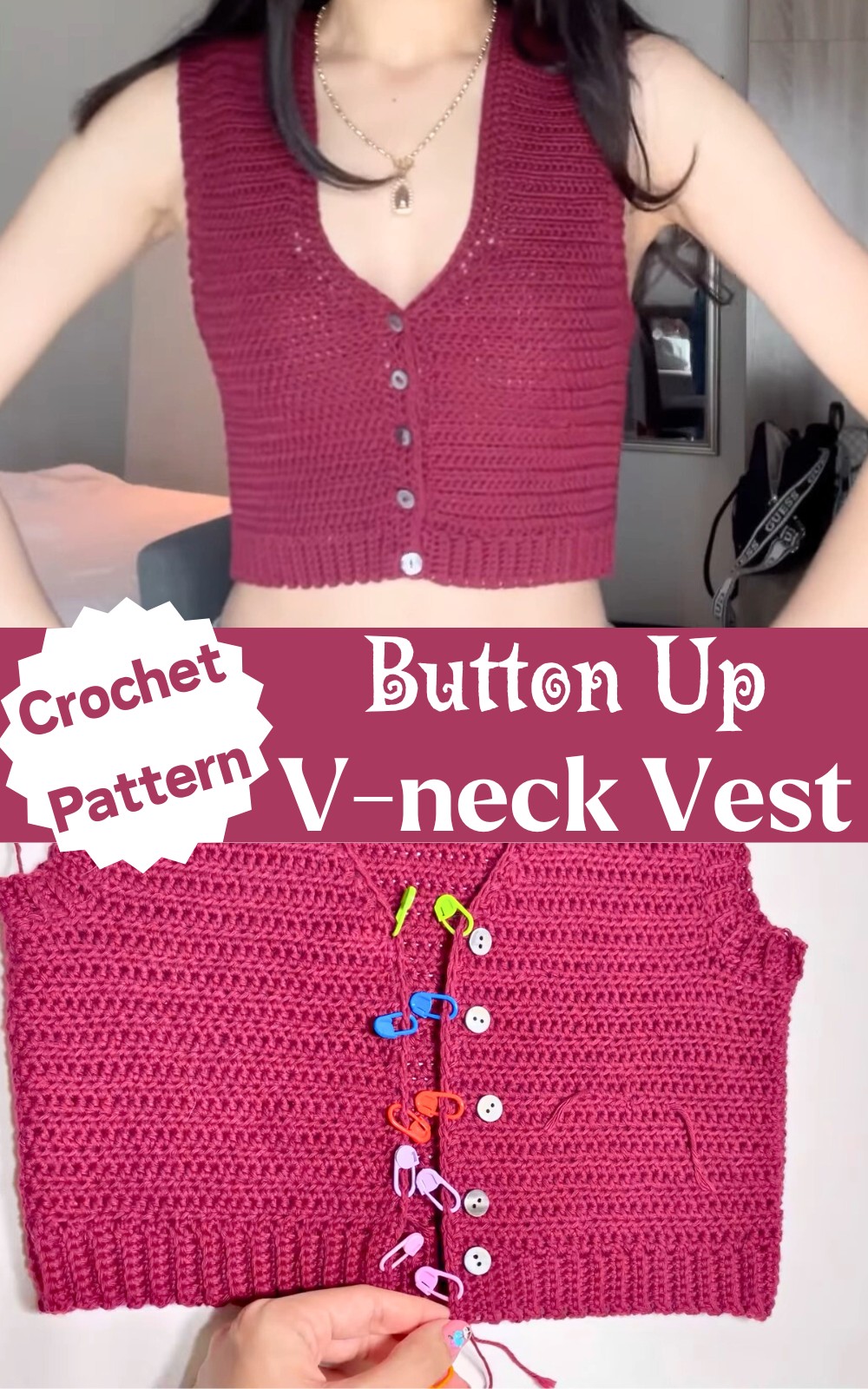 Crochet Button Up V-neck Vest